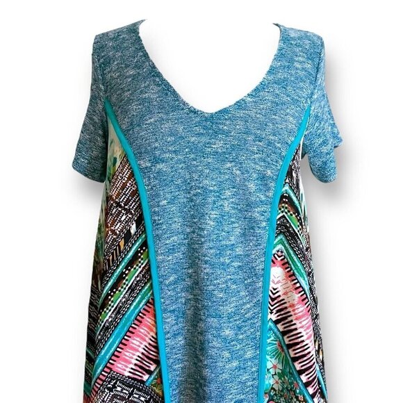 Poeme by Citron Womens Tunic Top Sz Medium Blue Mixed Media Knit Sharkbite Hem - Picture 2 of 7